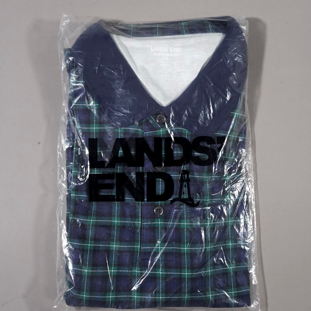 Lands' End Polo Shirt Mens XXL Navy Jade Plaid Long Sleeve Traditional Fit